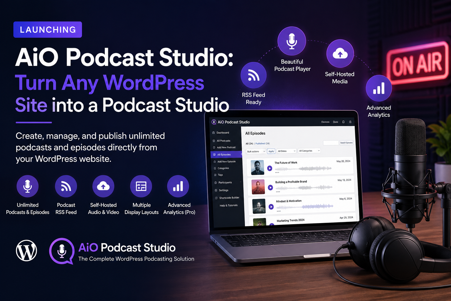 AiO Podcast Studio WordPress plugin launch banner